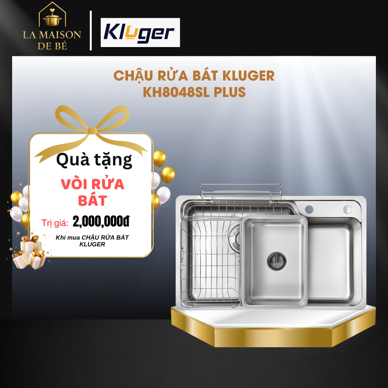 Chậu rửa bát inox Kluger KH8048SL Plus, Chất liệu POSCO 304 chống xước, thiết kế 2 hố rộng rãi - LMS