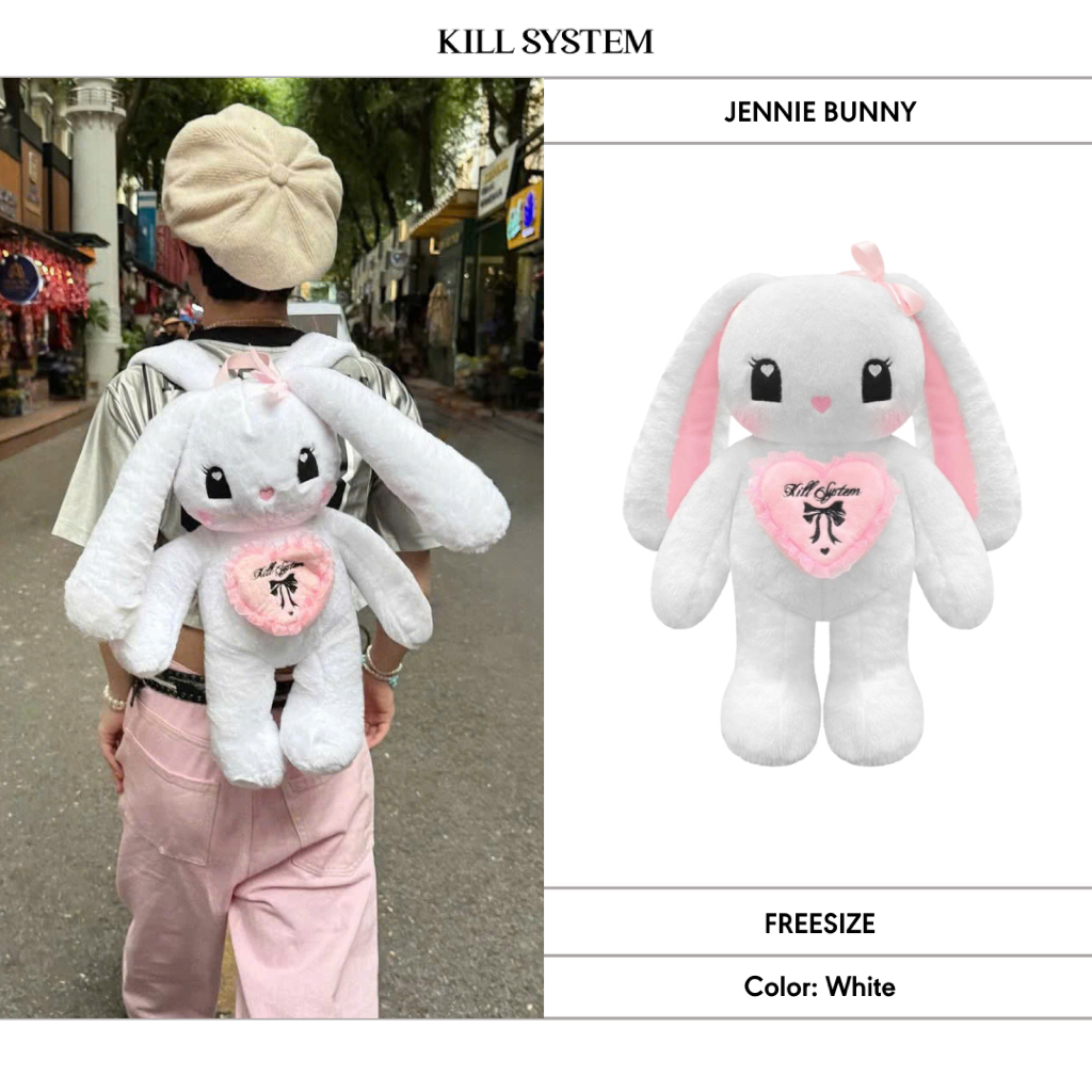 Balo gấu bông Jennie Babe hình thỏ trắng trái tim dây quai đeo Kill System