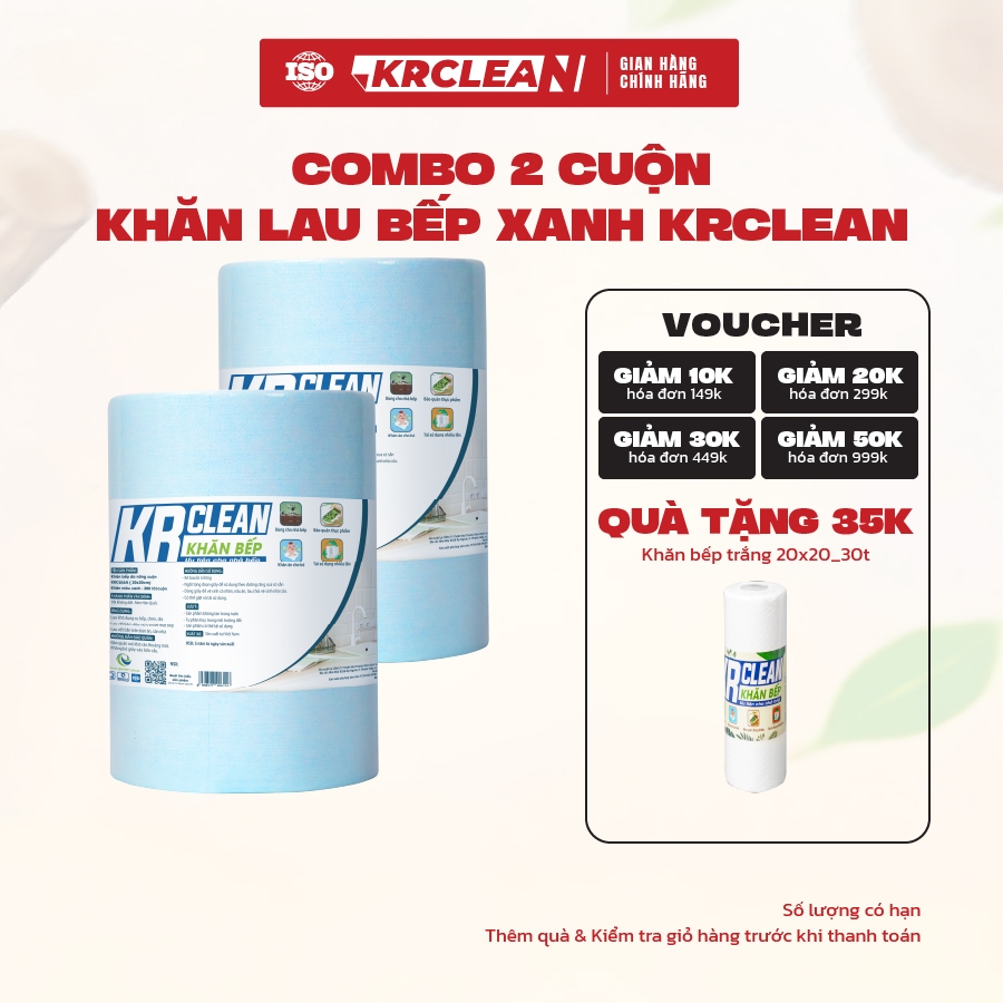 [ Combo 2 ] Cuộn khăn giấy lau bếp xanh 200 tờ 20x20cm Krclean, khăn giấy đa năng, khăn giấy lau bếp