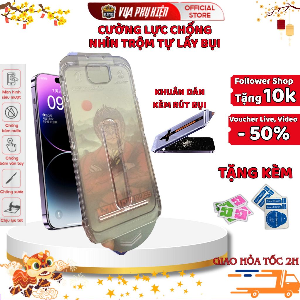 Kính Cường Lực ip MKING tự hút bụi trong/chống nhìn trộm có kèm khung tự dán ,bảo vệ màng loa, 12 13 14 15 16 17 Promax