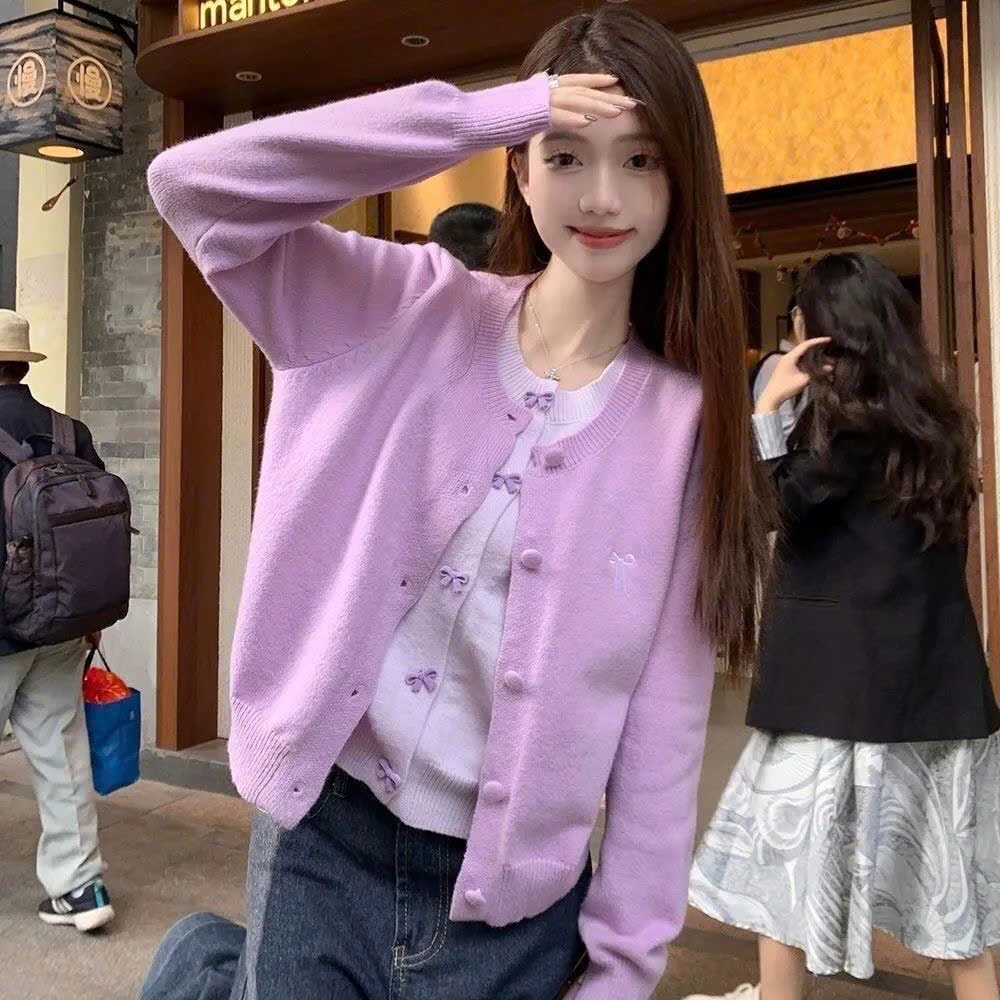 Áo Khoác Len Dài Tay, Áo Cadigan Lông Thỏ Cổ Tròn  Phối 2 Lớp Thêu Nơ Ngực Xinh Xăn Cài Cúc Bọc Dạ Hàng Qccc Shopquacam | BigBuy360 - bigbuy360.vn