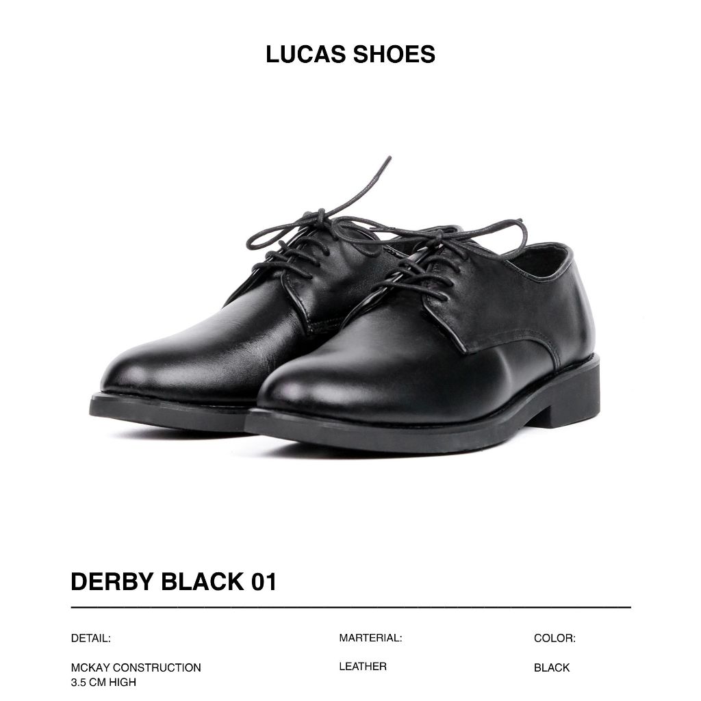 Giày Tây Công Sở Lucas Derby Black 01 Da Bò Nappa, Đế Cao Su Đúc khâu cao 3,5cm êm chân- Bảo Hành 1
