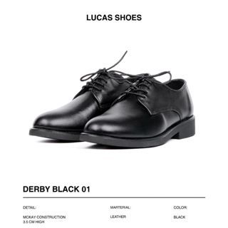 Giày Tây Công Sở Lucas Derby Black 01 Da Bò Nappa, Đế Cao Su Đúc khâu cao 3,5cm êm chân- Bảo Hành 1