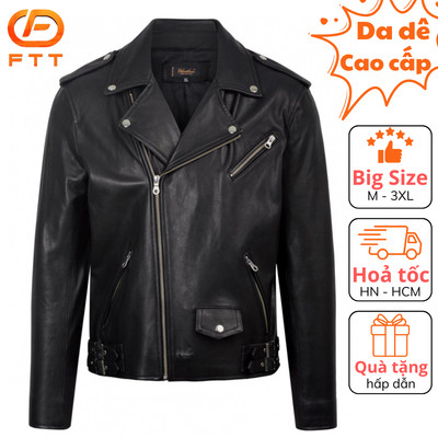 Áo khoác da dê nam Biker Jacket phối đai hông FTT Leather da thật bền bỉ không bong, tróc, nổ AD310