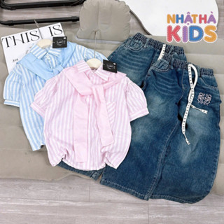 Bộ bé gái áo sơ mi kẻ sọc ( KÈM KHĂN) và  quần jean ống rộng T11 size đại từ 20-55kg Nhật Hà Kids cho bé đi học.