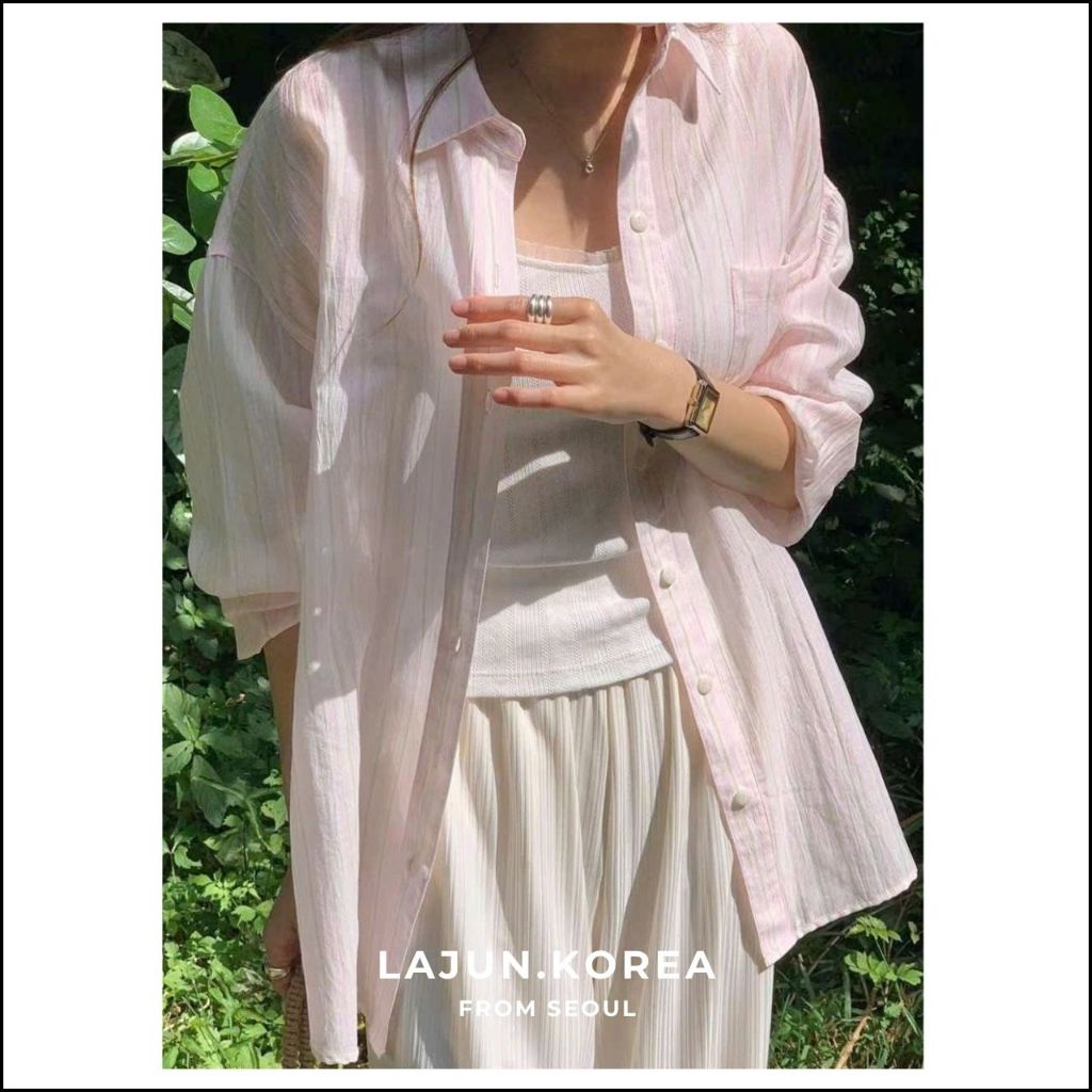 [LAJUN KOREA] Áo Sơ Mi Form Dài Candy Sọc Dọc Tay Dài Chất Mỏng Nhẹ Mát Hàn Quốc
