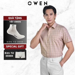  Áo Sơ Mi Nam ngắn tay Owen AB250067DT Màu Kẻ Caro cam Dáng Body Fit Tà Bằng Có Túi,Chất Liệu Bamboo Cao Cấp 