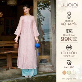 Áo Dài Truyền Thống Nữ Dáng Suông Tơ Crep Cổ Tròn Dài Tay Kèm Quần Vỹ Bình LiLiQiQi By LeeGi - AD839