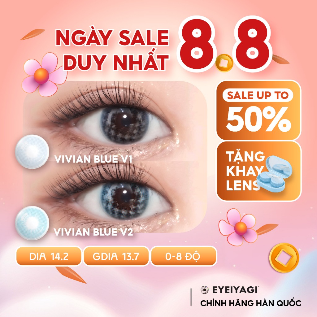 Kính áp tròng EYEIYAGI lens xanh pastel Vivian Blue cận 3 tháng độ cận 0-8 DIA 14.2mm | Lens chính hãng Hàn Quốc