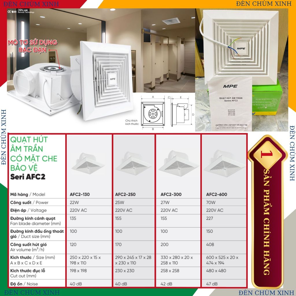 [ ĐÈN CHÙM XINH ] Quạt hút âm trầm MPE AFC2-130, AFC2-250,AFC-300 chính hãng lắp bệnh viện, Tolet, n