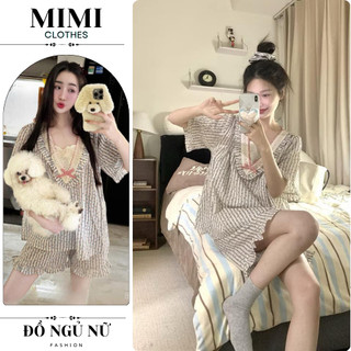   FREESHIP  Bộ ngủ nữ pijama cổ V viền ren đính nơ phối quần đùi bèo họa tiết hoa hồng nhỏ chất thô đũi HCOM25232- MIMI 