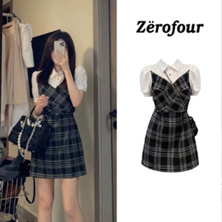 Đầm sơ mi phối yếm kẻ đen cổ V tay bồng, váy ngắn chất thô mềm thoáng dáng ôm nhẹ eo buộc nơ sau thắt eo ZEROFOUR