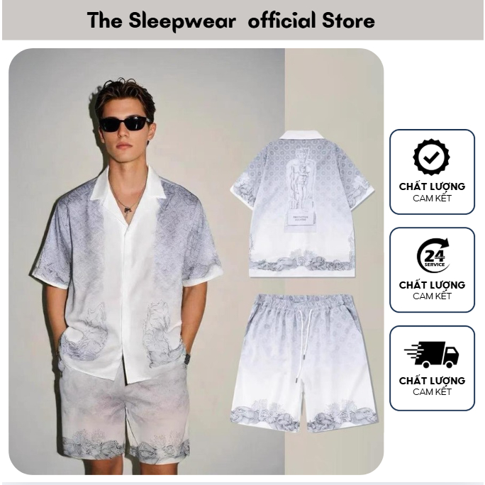 Bộ quần áo Lụa Nam Thiết kế Hoạ tiết -The Sleepwear BL08- Bộ short Nam Lụa  cao cấp có Bigsize 100kg