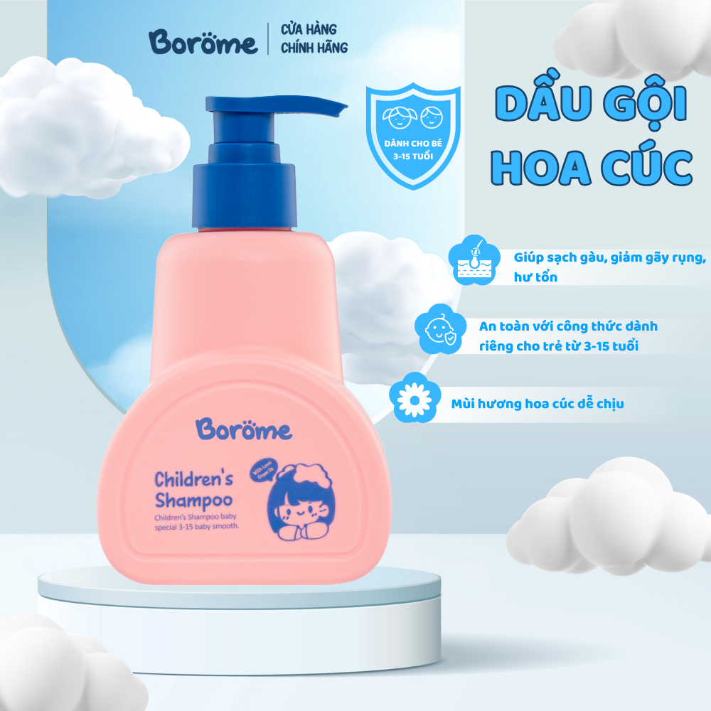Dầu gội trẻ em Borome chiết xuất hoa cúc La Mã giúp tóc bé suôn mượt, chắc khỏe dung tích 335ml