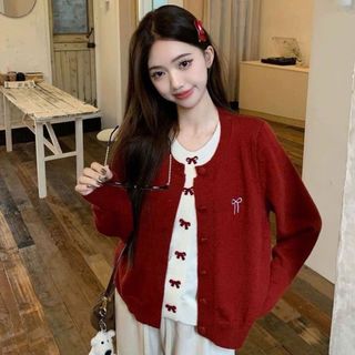 Áo Khoác Len Nữ Thêu Nơ Ngược Áo Cadigan Len Lông Thỏ Giả 2 Lớp Phối Cúc Nơ Kèm Cúc Bọc Nhung Cách Điệu Qccc Orangeclos 