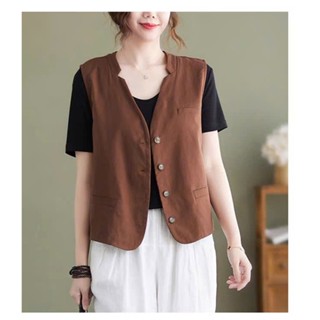 Áo khoác gile nữ ngắn vải Linen Đũi Việt màu nâu tây siêu sang chảnh, cá tính
