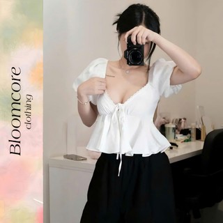  Áo Babydoll Viền Ren Cổ Tim Thiết Kế Tay Bồng Dáng Xoè Tiểu Thư Hợp Gu Bánh Bèo 