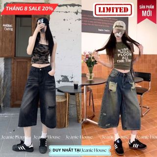 Quần jean nữ ngắn Jeanie House form đẹp cá tính quần jean lửng nữ ống rộng cạp cao dài qua gối D001