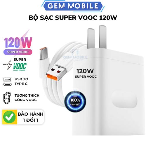 Bộ Củ Cáp Sạc Siêu Nhanh SUPERVOOC 120W OP, Củ Sạc SUPERVOOC 120W Không Nóng Máy, Dây Sạc 6A Dài 1 Mét Dùng Cho OP RELME