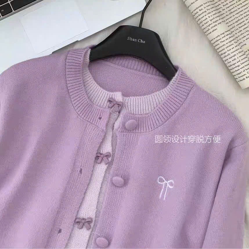 Áo Khoác Len Dài Tay, Áo Cadigan Lông Thỏ Cổ Tròn  Phối 2 Lớp Thêu Nơ Ngực Xinh Xăn Cài Cúc Bọc Dạ Hàng Qccc Shopquacam | BigBuy360 - bigbuy360.vn