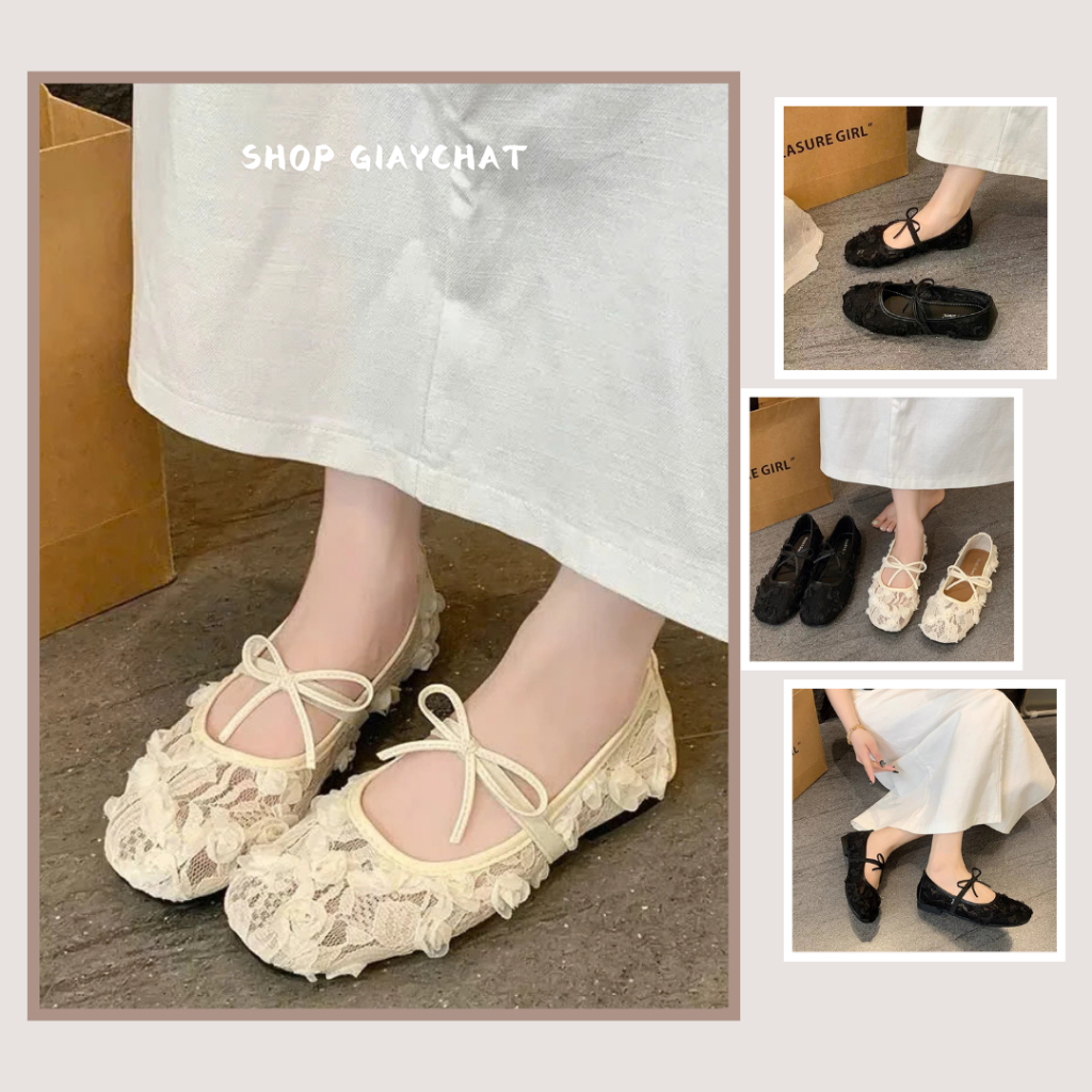 Giày Bệt Ren Nữ, Giày Búp Bê Mary Jane Phối Hoa Hồng Xinh Đi Nhẹ Êm Mềm || N40