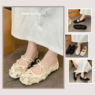 Giày Bệt Ren Nữ, Giày Búp Bê Mary Jane Phối Hoa Hồng Xinh Đi Nhẹ Êm Mềm || N40