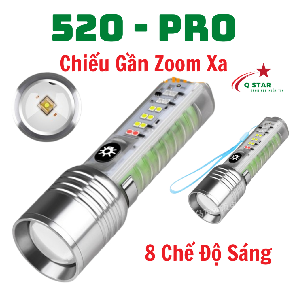 Đèn Pin Móc Khoá 520 Pro Chiếu Gần Zoom Xa Có Nam Châm Đuôi 8 Chế Độ Sáng Kháng Nước Tốt