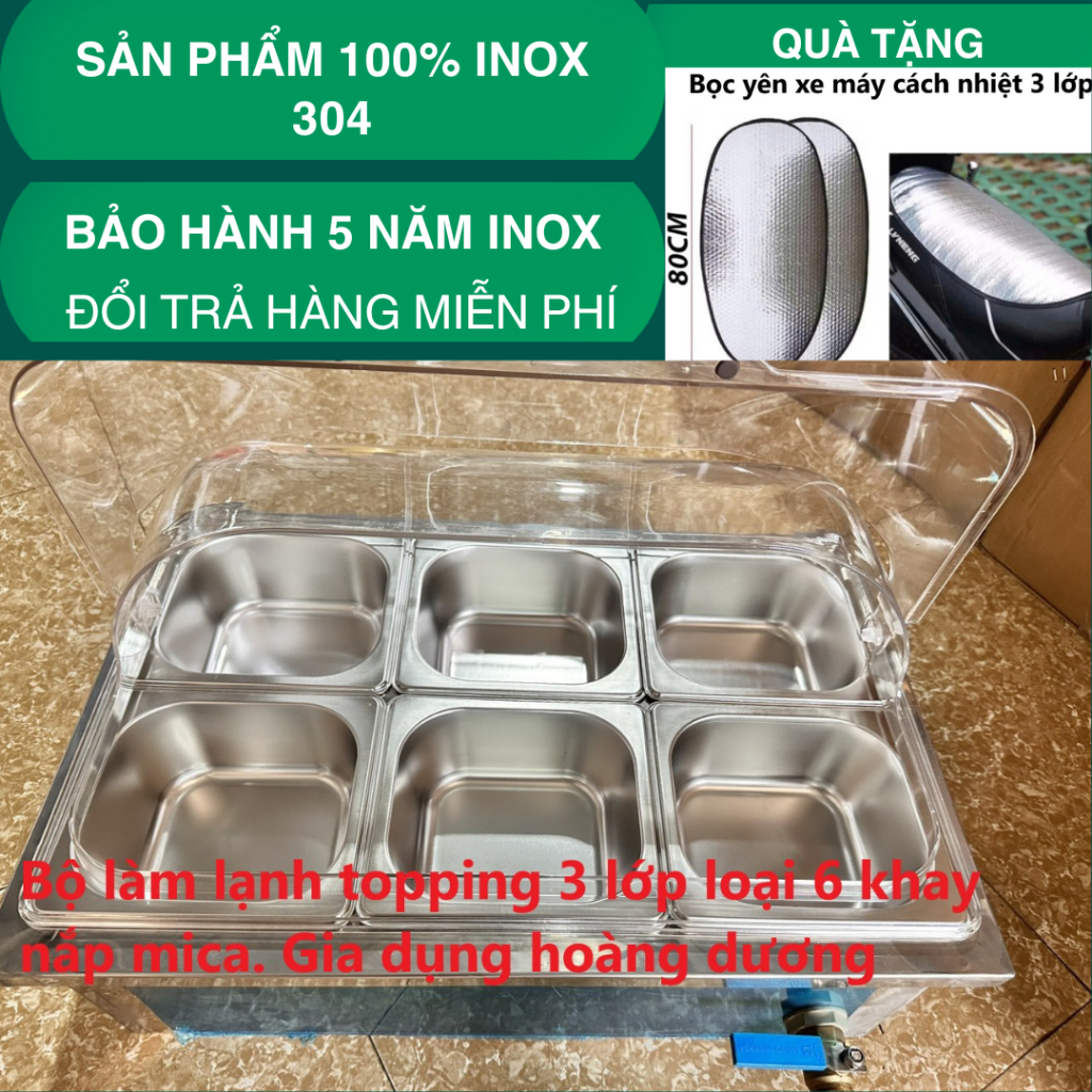 Thùng inox 304 đựng đá làm lạnh loại 6 khay inox topping loại 1.5 lít, Thùng có nắp mica cong ạ