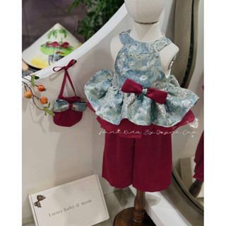 [ĐỘC QUYỀN EMMY X HANA KIDS] SET GẤM XANH CỔ YẾM + QUẦN ĐỎ TẶNG KÈM TÚI CHO BÉ GÁI -SET GẤM ĐI TIỆC SANG CHẢNH