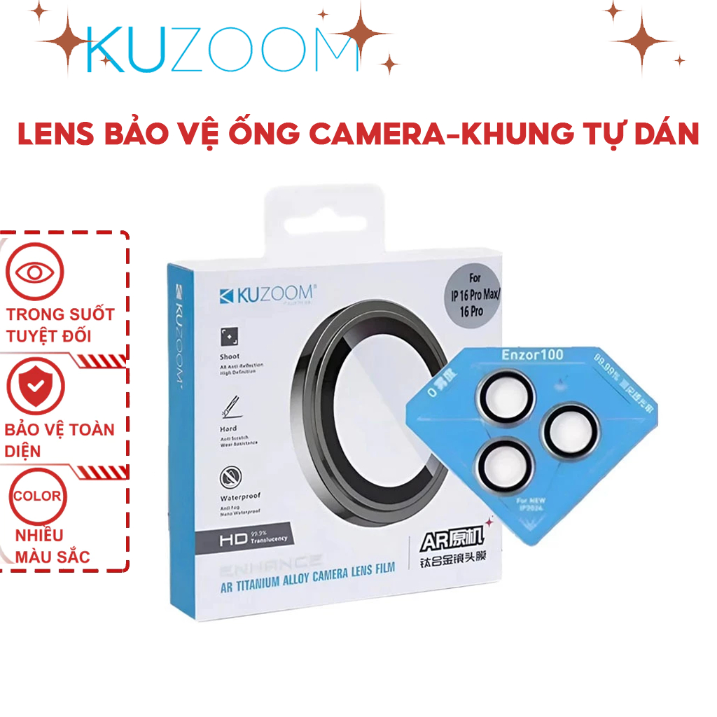Lens Bảo Vệ Camera Chính Hãng Kuzoom Có Khung Trợ Dán, Bảo Vệ Camera Khỏi Trầy Xước Dùng Cho Iphone