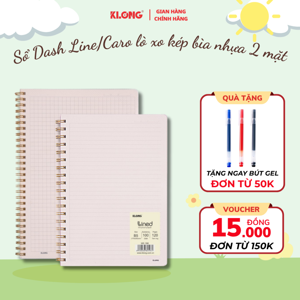 Sổ lò xo Klong A5 Dash caro/Dash line bìa nhựa 2 mặt, kẻ caro 6x6mm, 120/200 trang 592 593 594 595