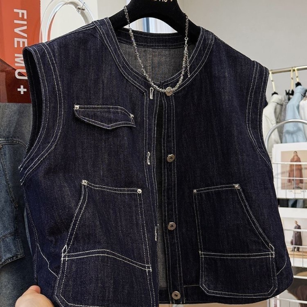 【Ảnh Thật cuối】Áo Gile Bò Nữ Denim Hàn Túi Chéo Kiểu Dáng Basic, Áo Gile Bò Denim Hàn Xinh