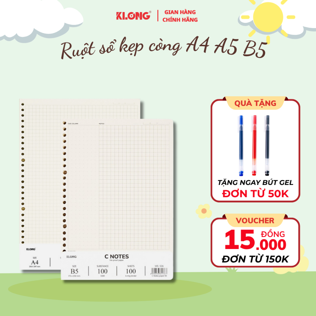 Ruột sổ Klong kẹp còng Dash Caro/Dash Line định lượng 100gsm, giấy refill ruột sổ còng tiện dụng 526