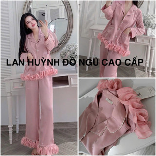  Bộ ngủ mặc nhà pijama  tiểu thư  lụa  lyly tay dài Quảng Châu cao cấp viền hồng trơn 
