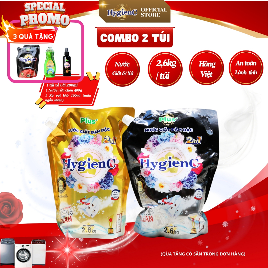 Combo 2 túi nước giặt đậm đặc HygienC Plus+ Khối lượng 2.6Kg - CB2T1