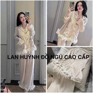  Bộ ngủ mặc nhà pijama  tiểu thư  lụa  lyly tay dài Quảng Châu cao cấp viền kem trơn 