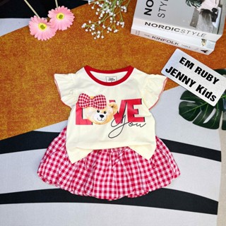 10-54kg Bộ cotton Sun Moon bé gái đi học đi chơi set áo tay ngắn váy bí caro gấu love