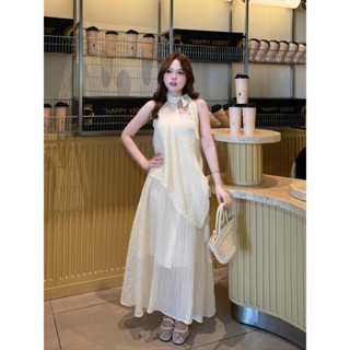 Set đầm maxi voan tơ hai dây kèm áo lệch vai Ảnh thật/sẵn