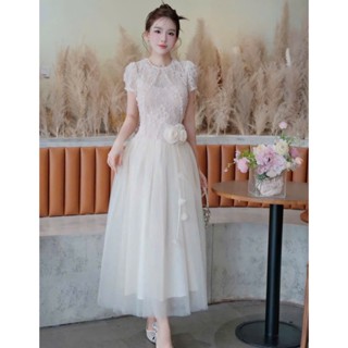  Đầm váy trắng dư tiệc ren phối lưới đính hoa xoè dài cổ tròn tay ngắn bigsize công chúa sang chảnh tiệc cưới HEBE 