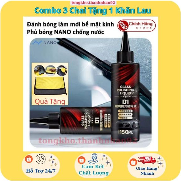 Combo 3 Chai Phủ Nano Kính Ô Tô D1 150ml Tặng Khăn Lau Chống Bám Nước Đánh Bóng