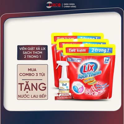 Combo 3 viên giặt xả 2 trong 1 Lix 34 viên hương nước hoa sạch thơm mát tặng 1 chai nước lau bếp , 3C-00102+N6701