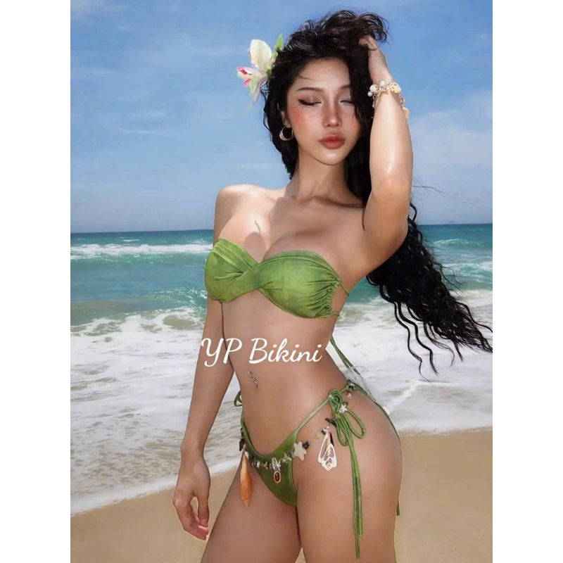 Bikini 2 mảnh màu xanh rêu cúp ngực quần ship nhỏ đi biển ( sẵn hàng - che tên) | BigBuy360 - bigbuy360.vn