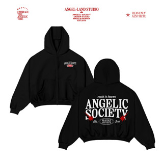 Áo Khoác Hoodie Khoá Kéo form BOXY Nỉ chân cua ANGELIC SOCIETY màu đen Chính hãng Angel-Land