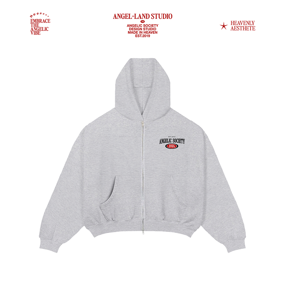 Áo Khoác Hoodie Khoá Kéo form BOXY Nỉ chân cua ANGELIC SOCIETY màu xám tiêu Chính hãng Angel-Land | BigBuy360 - bigbuy360.vn