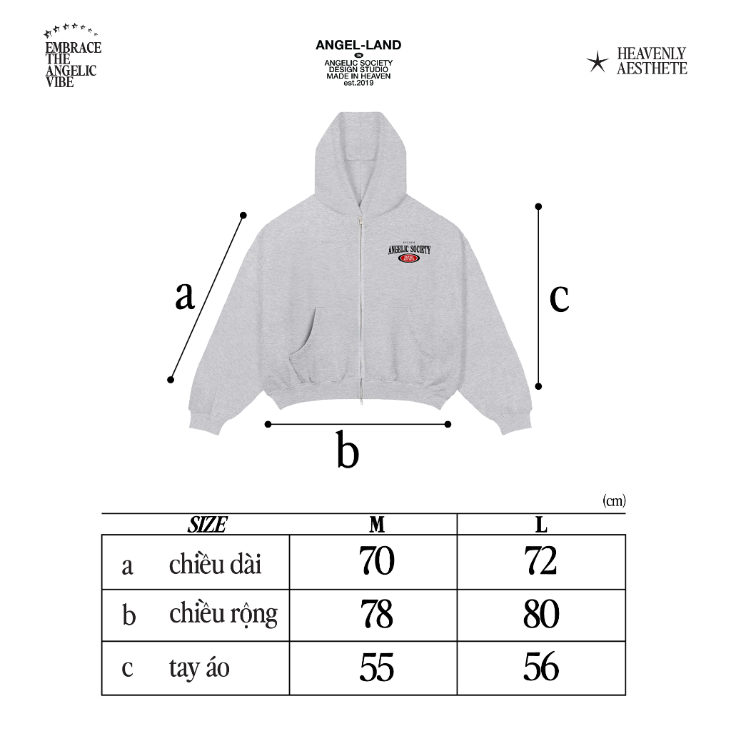 Áo Khoác Hoodie Khoá Kéo form BOXY Nỉ chân cua ANGELIC SOCIETY màu xám tiêu Chính hãng Angel-Land | BigBuy360 - bigbuy360.vn