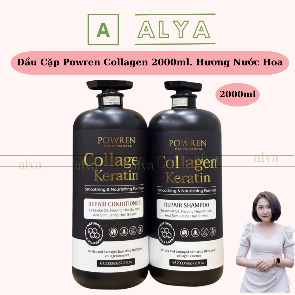 Cặp Dầu Gội Xả Powren Collagen 2000ML. Giảm Rụng Tóc, Nhanh Mọc Tóc, Phục Hồi Tóc Hư Tổn