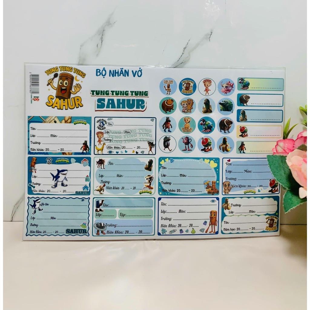 Nhãn vở decan kèm sticker, set nhãn vở bóc dán có keo dính sẵn hoạt hình Brainrot, Capybara, Kurumi 