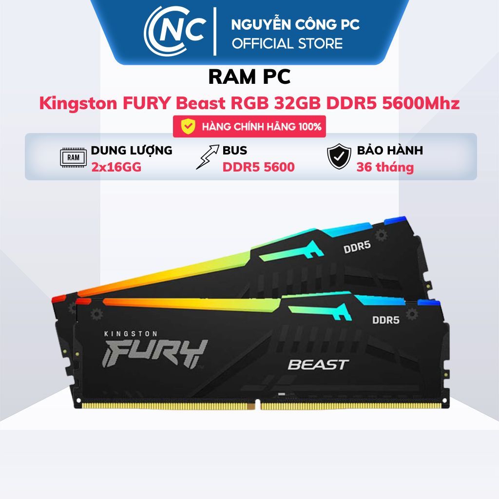 Ram Kingston FURY Beast RGB 32GB (2x16GB) DDR5 bus 5600Mhz - BH 36 tháng