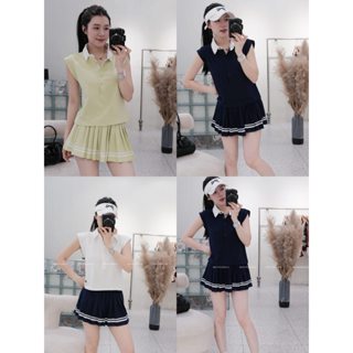 Sét thể thao áo sát nách cài khuy kèm chân váy ly cạp cao dáng ngắn