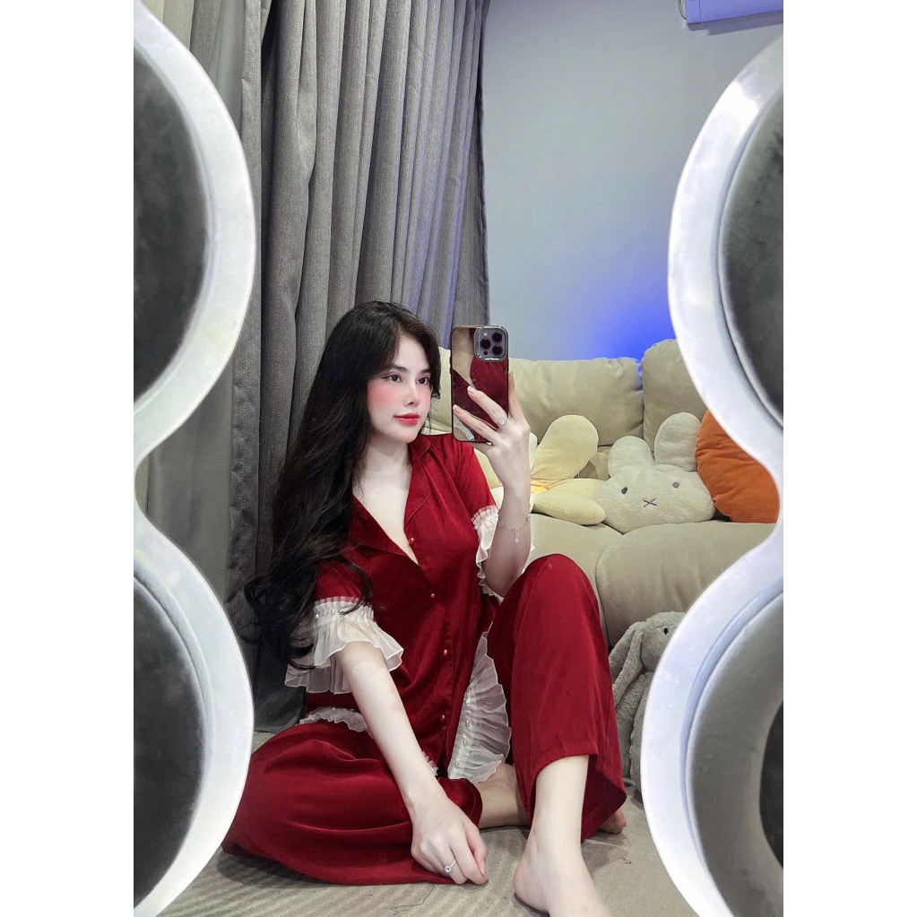 Đồ Bộ Ngủ Nữ Chất Lụa Latin Mềm Mịn Tay Ngắn Phối Ren Free size 40 - 60kg
